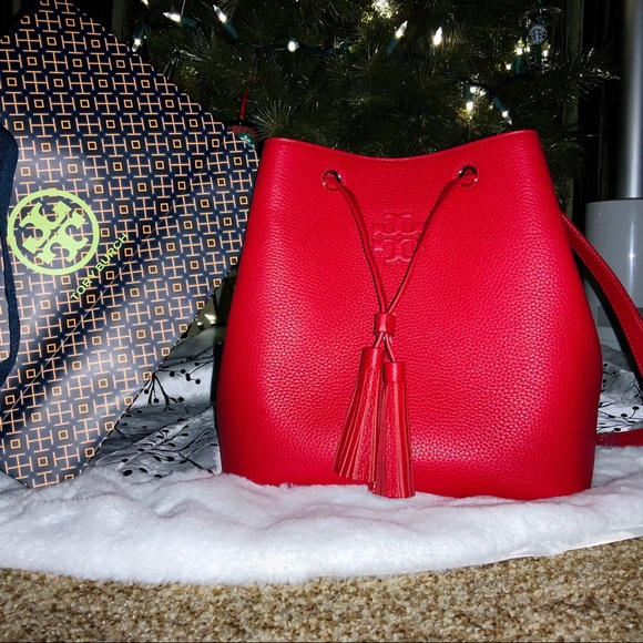 tory burch red bucket bag